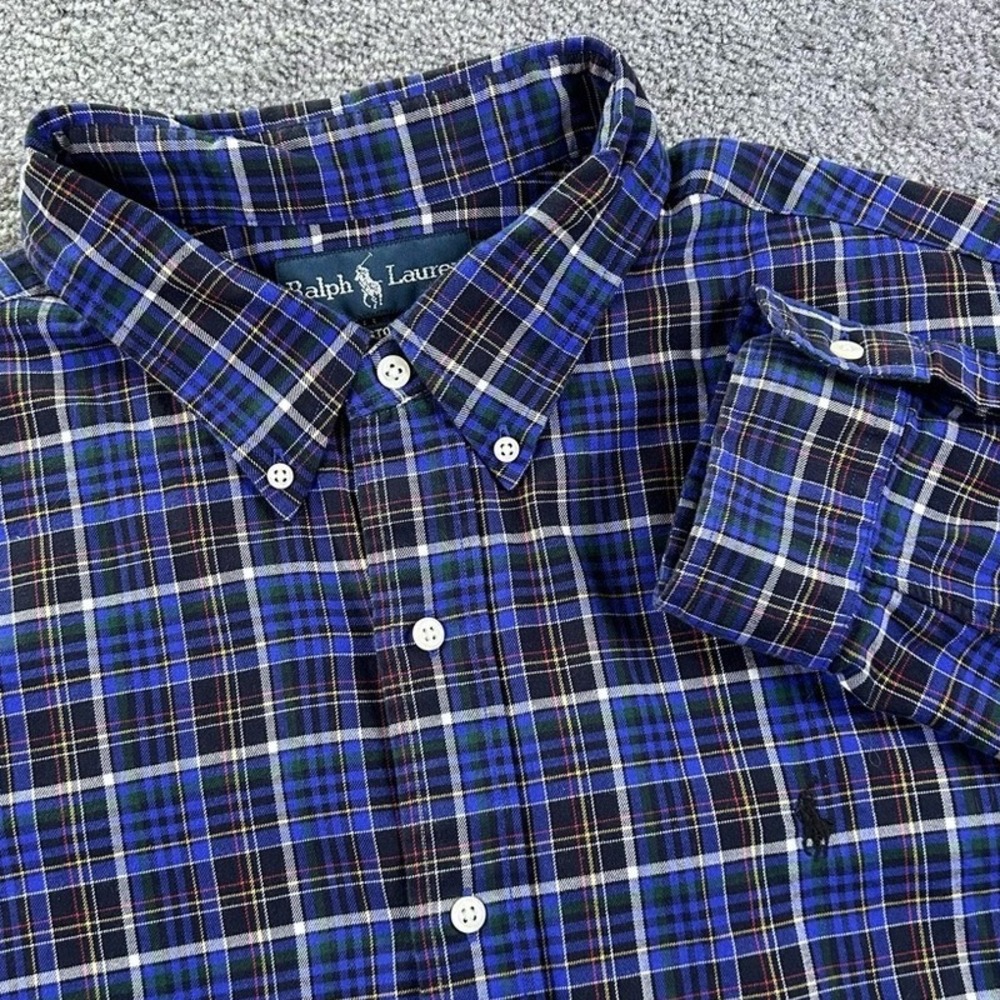 Ralph Lauren Custom Fit Blue Green Plaid Button Down Shirt Mens XXL Long Sleeve